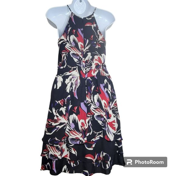 Parker Dress, Women M, Black w/Multicolor Floral, Sleeveless, Ruffles, EUC - Picture 1 of 9